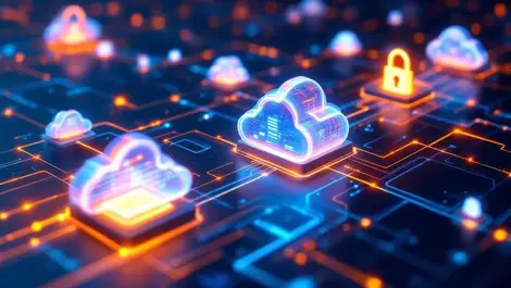 Digital illustration interconnected data servers cloud icons glowing lines