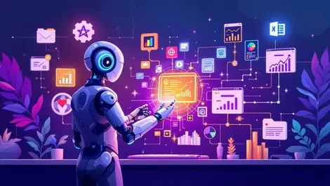 Digital assistant robot interacting with data nodes files modern workspace