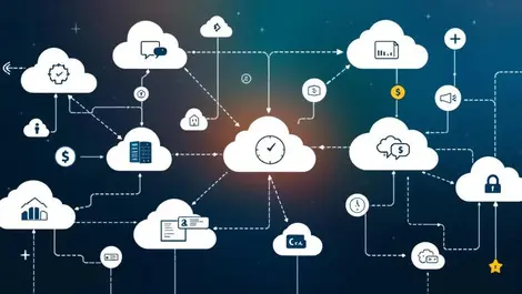Interconnected cloud icons with service symbols network realtime monitoring saas
