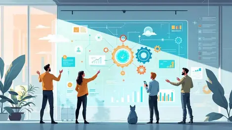 Office professionals collaborating digital dashboard workflows automation growth