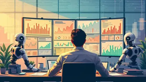 Senior executive analyzing financial graphs ai robot assist failure success