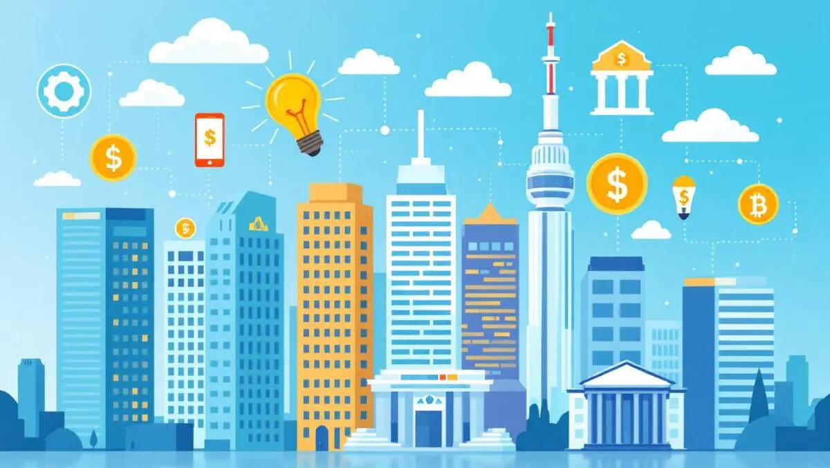 Canadian city skyscrapers financial technology smartphones digital coins banking icons