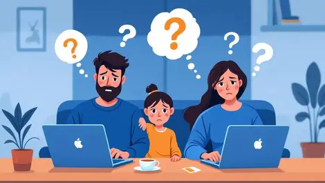 Worried new zealand family at home on laptops confused about software updates