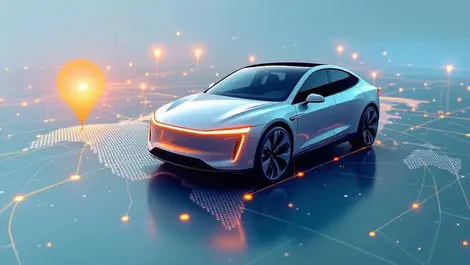 Modern electric car world map digital route lines navigation connectivity