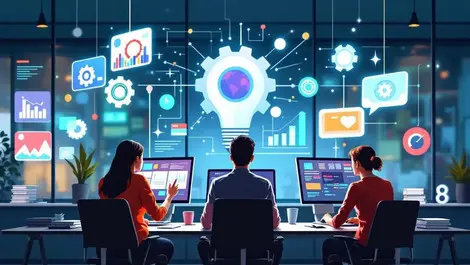 Modern office collaboration digital illustration automation integration connections