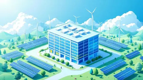 Modern data center surrounded by solar panels wind turbines eco cooling