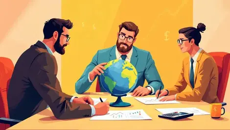 Finance executives meeting reviewing charts currency world globe calculator risk management