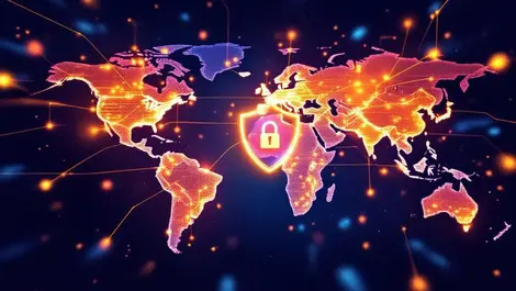 Digital world map fast data transfer global connections cybersecurity shield