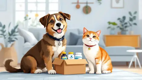 Content dog cat sitting together home delivery box pet care canadian