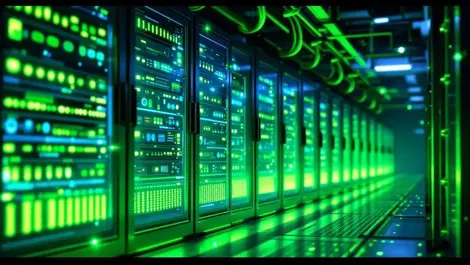 Modern data center green glowing servers efficient sustainable advanced neat cables