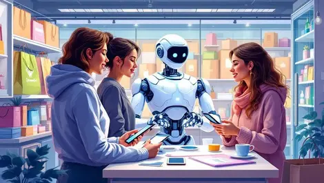 Modern retail store ai robot assisting customers online purchases