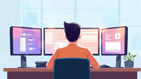 Office it administrator managing multiple monitors remote desktop security automation