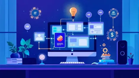 Office workspace computer multiple app windows glowing lines workflow automation it hr finance icons