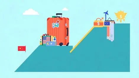 Illustration suitcase travel items fluctuating graph europe us cost rise asia affordability fall