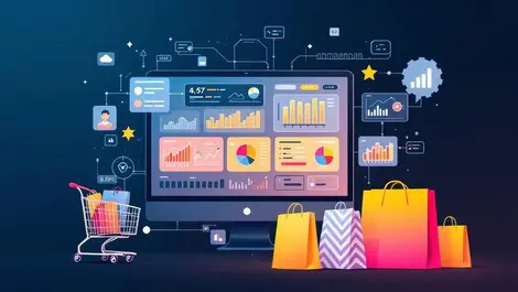 Digital dashboard interconnected data charts shopping bags cart retail media analytics australia