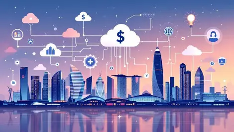 Modern singapore cityscape ai neural network cloud icons finance healthcare business