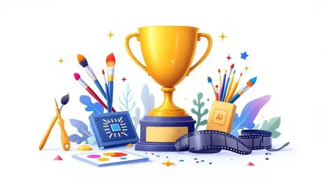 Gold trophy with paintbrush film reel and computer chip symbolizing ai driven creativity in advertising