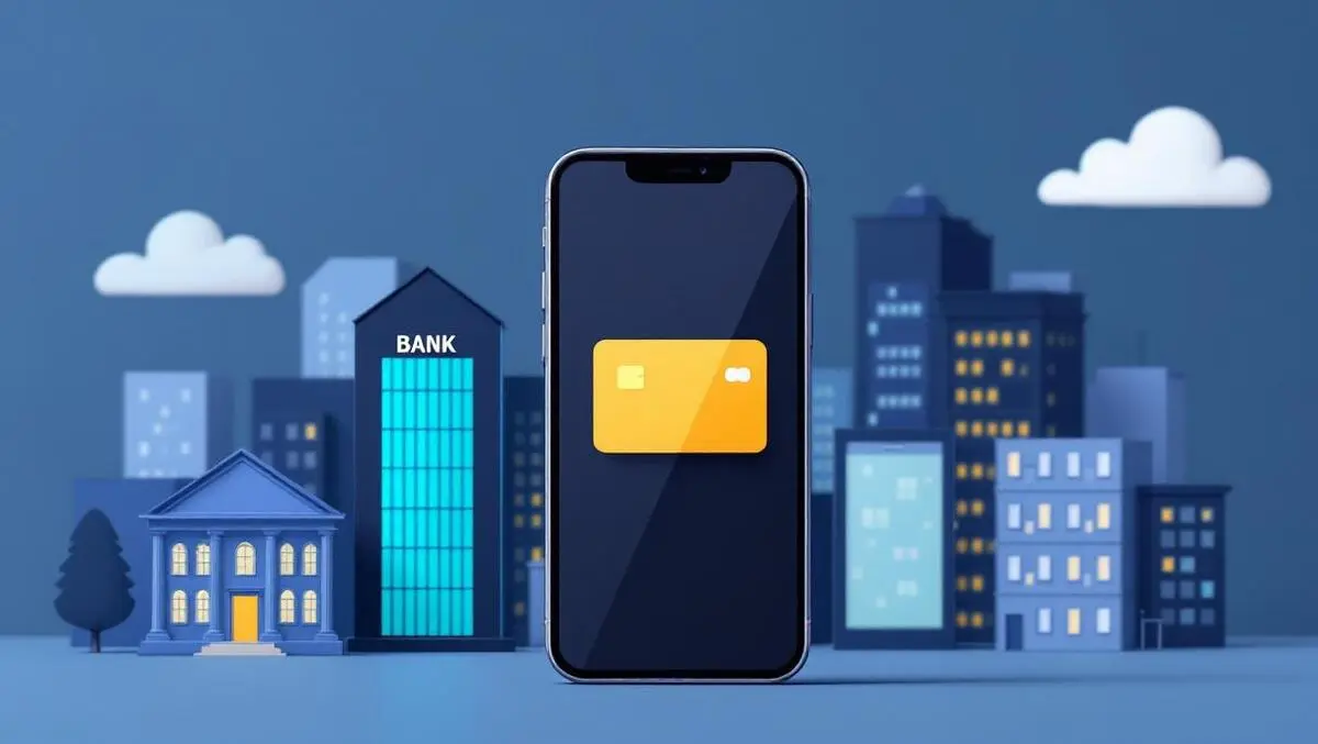 Smartphone showing digital credit card surrounded by bank buildings and fintech offices global banking competition