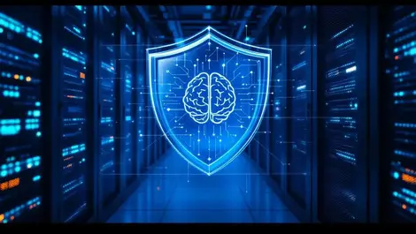 Cinematic data center corridor ai shield cybersecurity blue glow