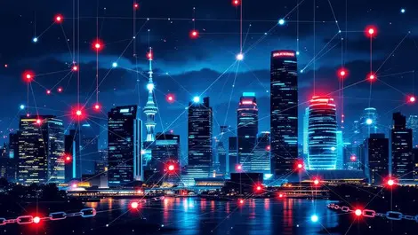 Singapore night skyline chains blue red cyber risk network
