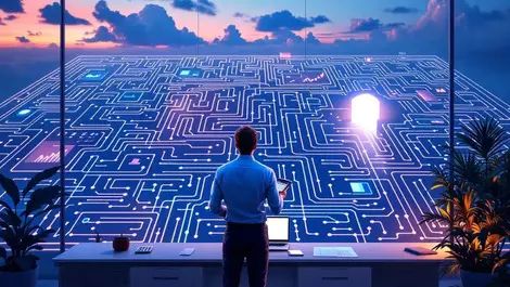 Cfo in modern finance office facing ai data maze at dusk