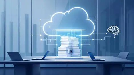 Modern law firm cloud vault ai brain glass conference room