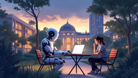 Malaysian campus dusk student and humanoid robot at laptop