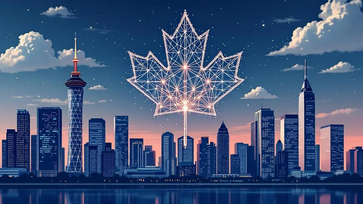 Canadian city skyline maple leaf blockchain web3 minimal daylight