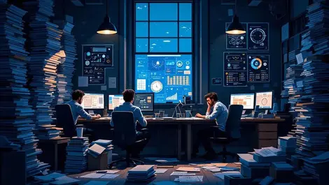 Anz exhausted office team data privacy security stress illustration