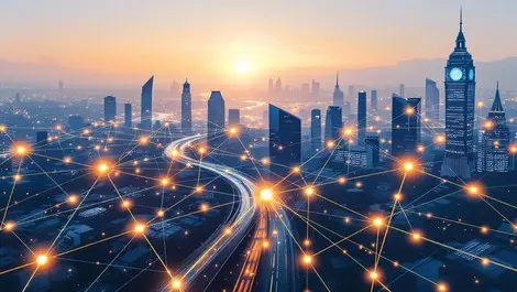 London financial skyline ai network sunrise minimal blues golds