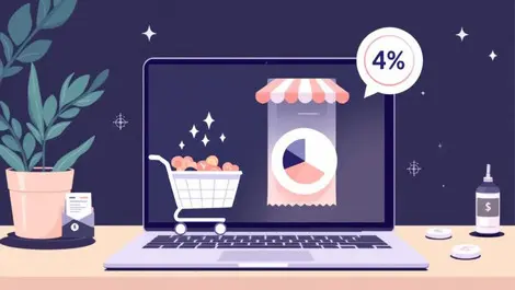 Online shop interface laptop filled cart 4 percent discount pie