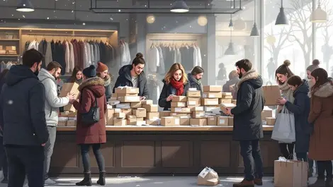 Crowded uk post holiday returns counter clothing store winter scene