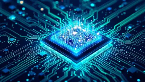 Glowing neural core in compact edge ai chipset blue green