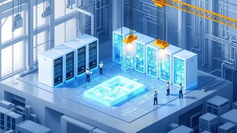 Modern ai datacentre construction modular servers 3d blueprint cool tones