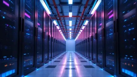 Modern ai data center aisle cool blue lighting efficiency thermal mgmt