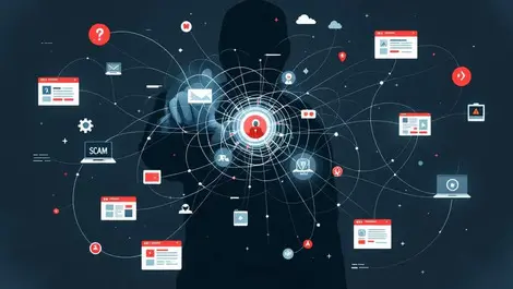 Shadowy criminal hand manipulating malware ad tracker web illustration